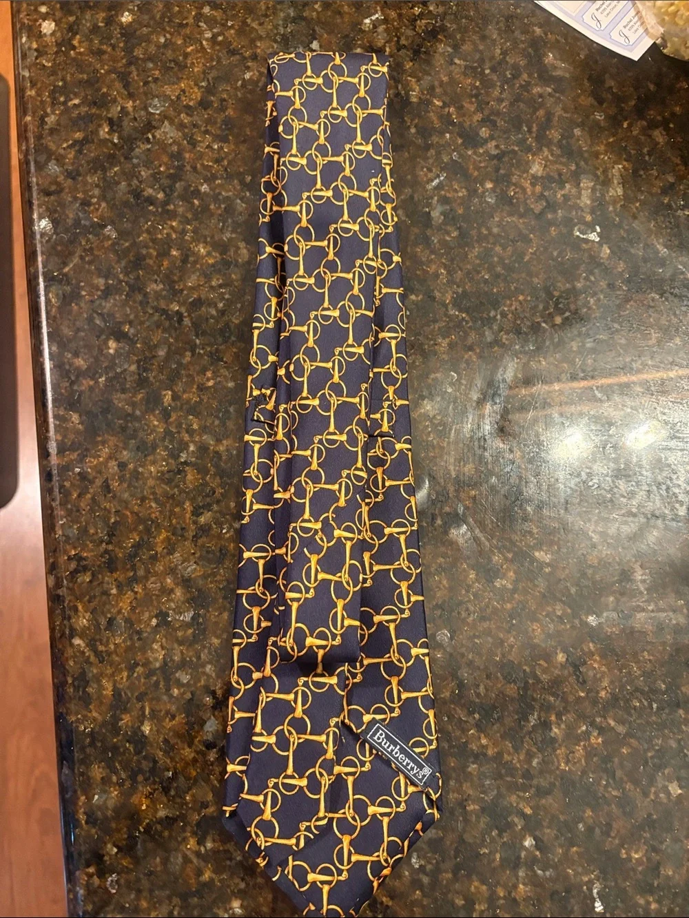 Burberry Navy Tie with Gold Chain Link Pattern